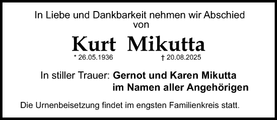 Traueranzeige von Kurt Mikutta von Schwabacher Tagblatt Lokal