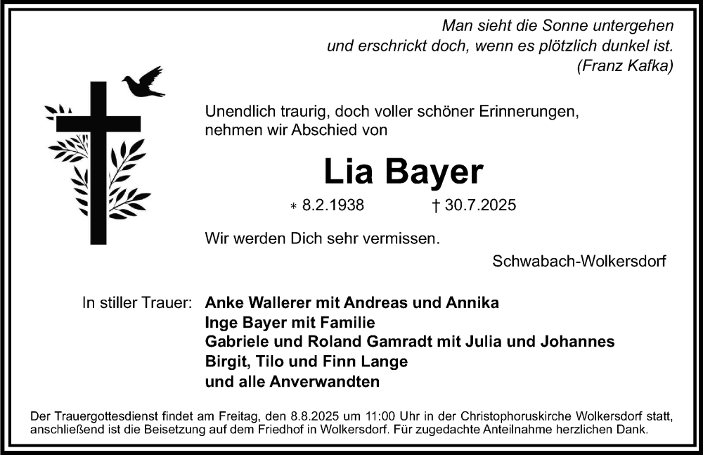  Traueranzeige für Lia Bayer vom 02.08.2025 aus HST,G
