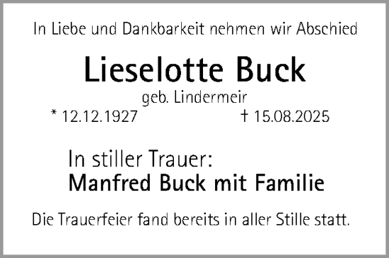 Traueranzeige von Lieselotte Buck von Gesamtausgabe Nürnberger Nachrichten/ Nürnberger Ztg.