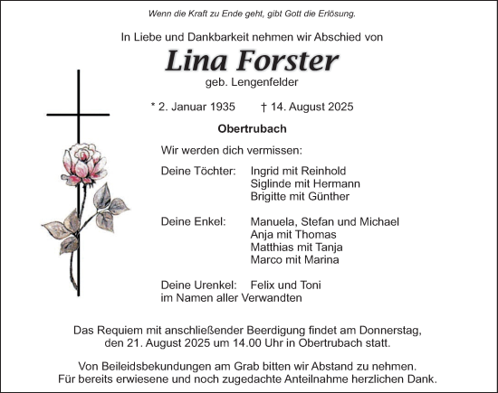Traueranzeige von Lina Forster von Nordbayerische Nachrichten Forchheim Lokal