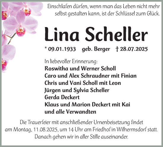 Traueranzeige von Lina Scheller von Fürther Nachrichten Lokal
