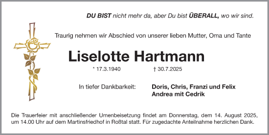 Traueranzeige von Liselotte Hartmann von Fürther Nachrichten Lokal