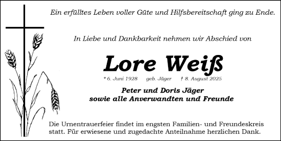 Traueranzeige von Lore Weiß von Gesamtausgabe Nürnberger Nachrichten/ Nürnberger Ztg.