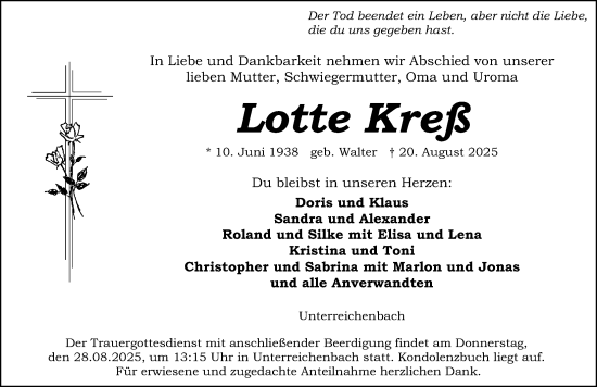 Traueranzeige von Lotte Kreß von Schwabacher Tagblatt Lokal