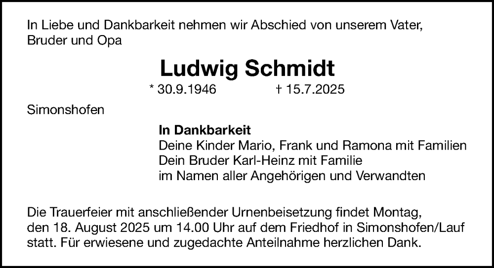  Traueranzeige für Ludwig Schmidt vom 16.08.2025 aus Gesamtausgabe Nürnberger Nachrichten/ Nürnberger Ztg.