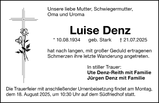 Traueranzeige von Luise Denz von Gesamtausgabe Nürnberger Nachrichten/ Nürnberger Ztg.