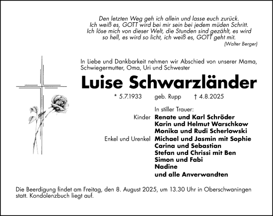 Traueranzeige von Luise Schwarzländer von Altmühl-Bote Lokal