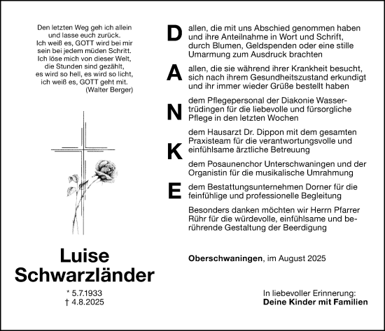 Traueranzeige von Luise Schwarzländer von Altmühl-Bote Lokal