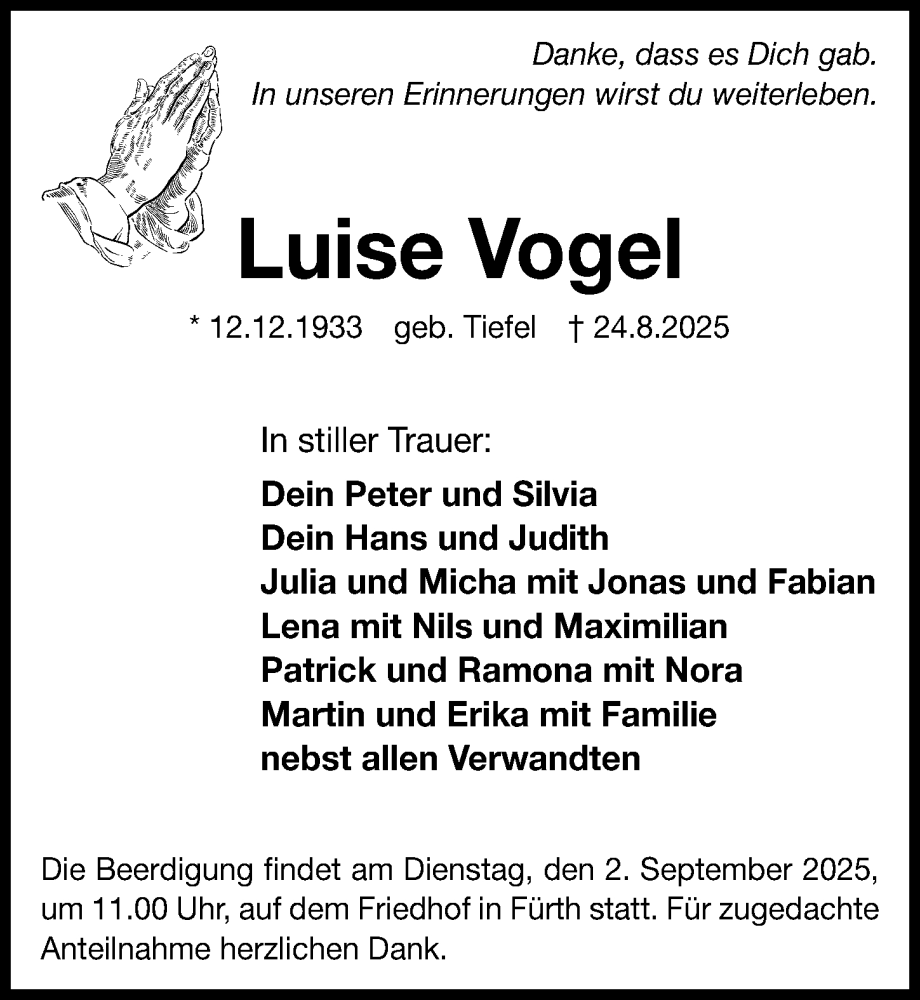  Traueranzeige für Luise Vogel vom 30.08.2025 aus Fürther Nachrichten Lokal