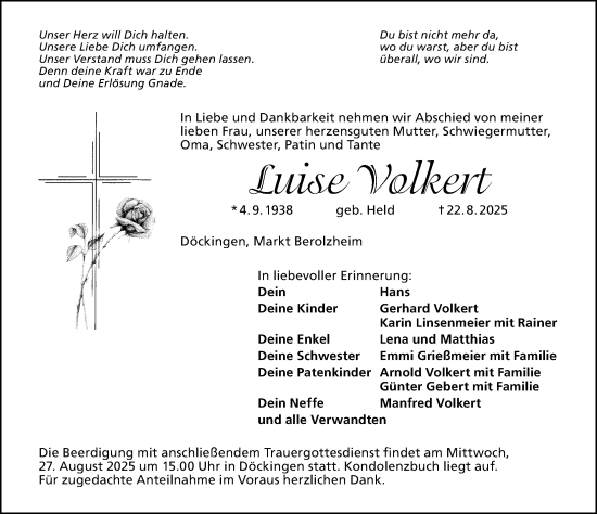 Traueranzeige von Luise Volkert von Altmühl-Bote Lokal
