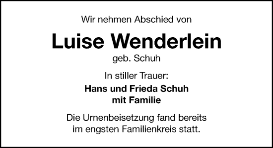 Traueranzeige von Luise Wenderlein von Gesamtausgabe Nürnberger Nachrichten/ Nürnberger Ztg.