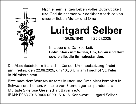 Traueranzeige von Luitgard Selber von Gesamtausgabe Nürnberger Nachrichten/ Nürnberger Ztg.
