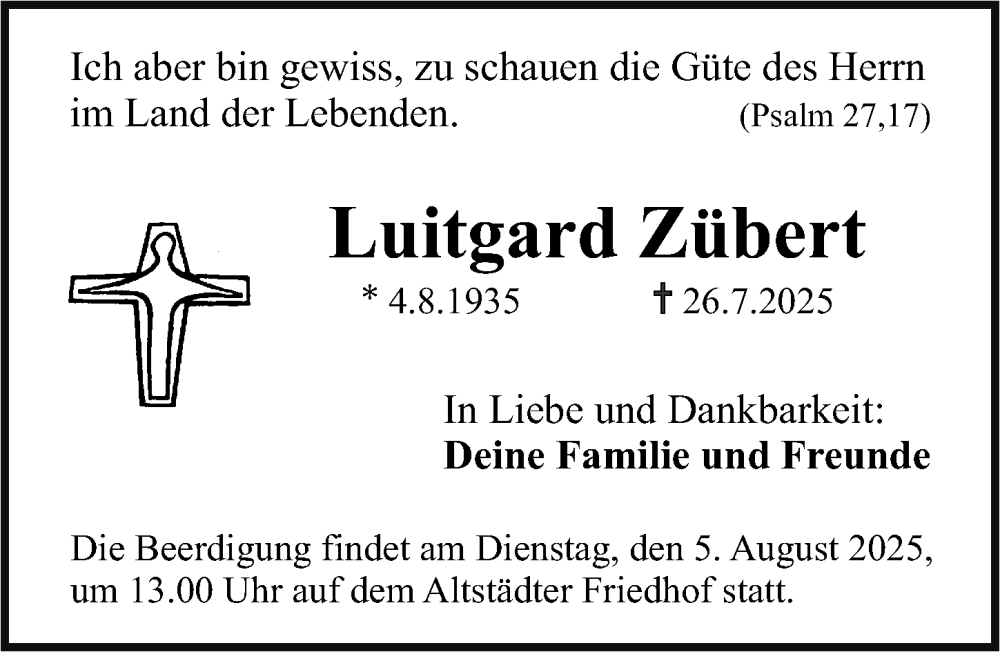  Traueranzeige für Luitgard Zübert vom 02.08.2025 aus Erlanger Nachrichten Lokal