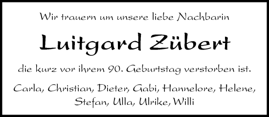 Traueranzeige von Luitgard Zübert von Erlanger Nachrichten Lokal