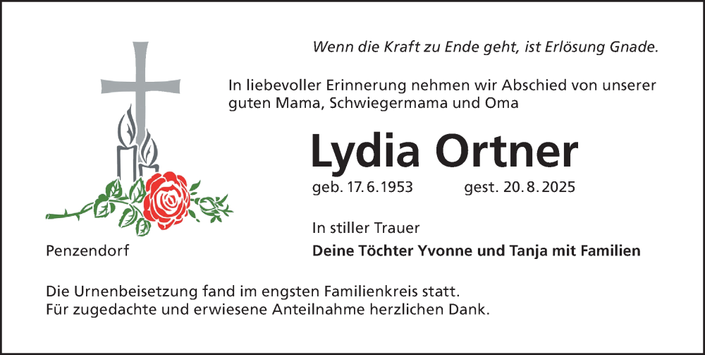  Traueranzeige für Lydia Ortner vom 30.08.2025 aus Schwabacher Tagblatt Lokal