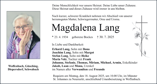Traueranzeige von Magdalena Lang von Neumarkter Nachrichten Lokal