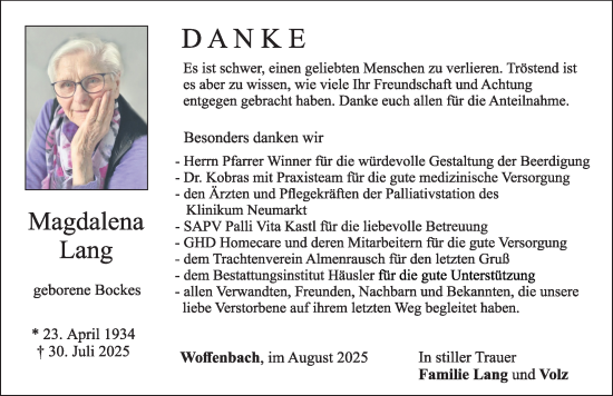 Traueranzeige von Magdalena Lang von Neumarkter Nachrichten Lokal