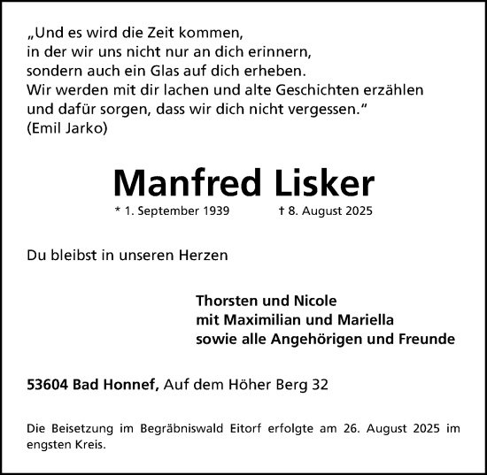 Traueranzeige von Manfred Lisker von Erlanger Nachrichten Lokal