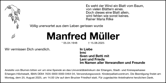 Traueranzeige von Manfred Müller von Erlanger Nachrichten Lokal
