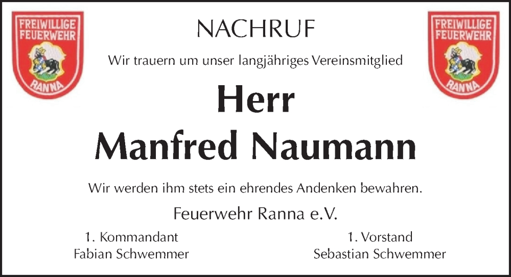  Traueranzeige für Manfred Naumann vom 30.08.2025 aus Nordbayerische Nachrichten Pegnitz Lokal