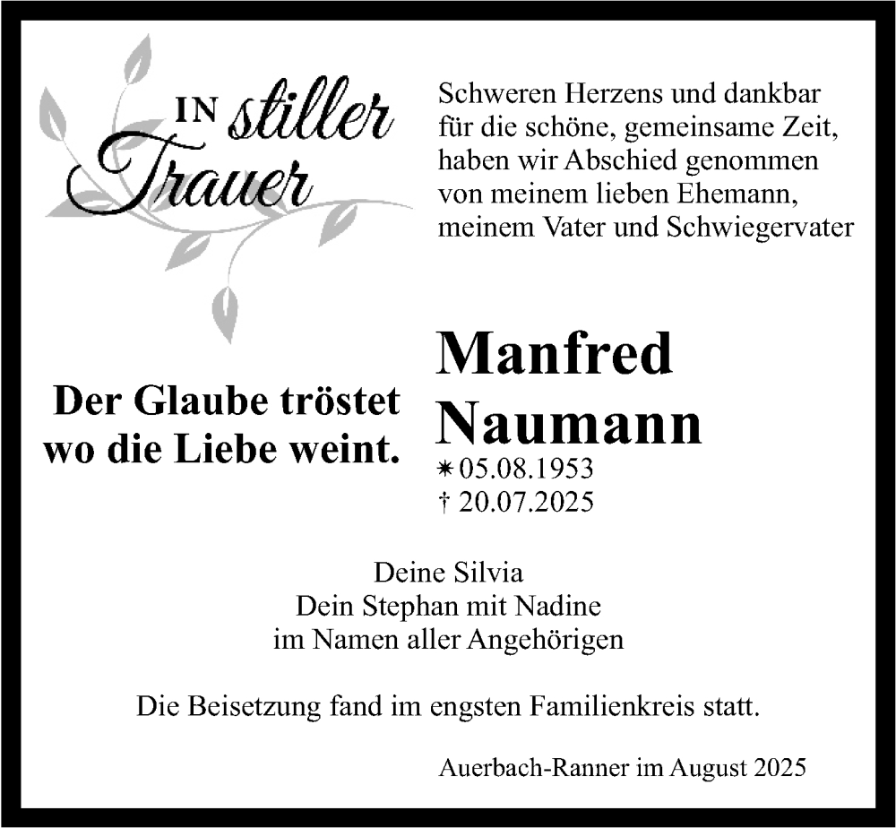  Traueranzeige für Manfred Naumann vom 23.08.2025 aus Nordbayerische Nachrichten Pegnitz Lokal