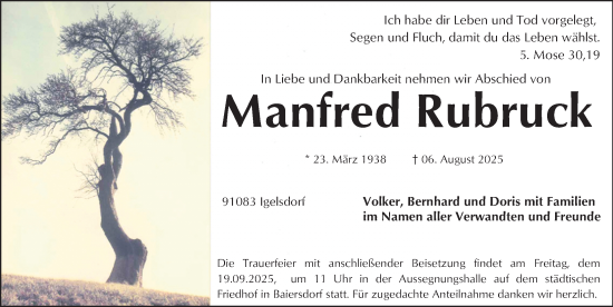 Traueranzeige von Manfred Rubruck von Erlanger Nachrichten Lokal