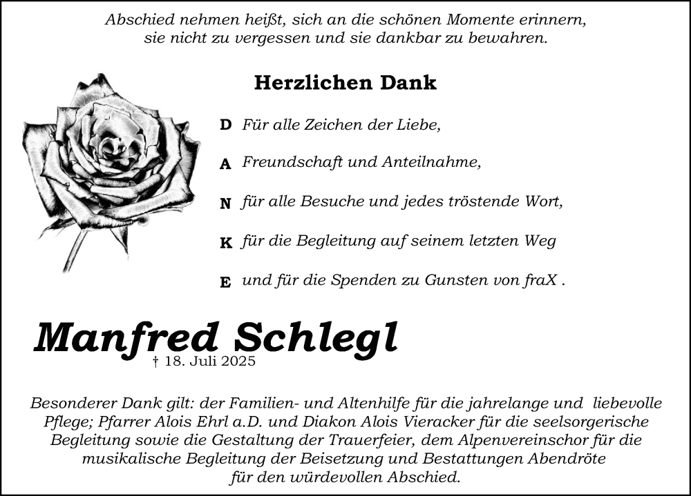  Traueranzeige für Manfred Schlegl vom 09.08.2025 aus Schwabacher Tagblatt Lokal