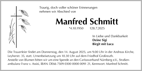 Traueranzeige von Manfred Schmitt von Gesamtausgabe Nürnberger Nachrichten/ Nürnberger Ztg.