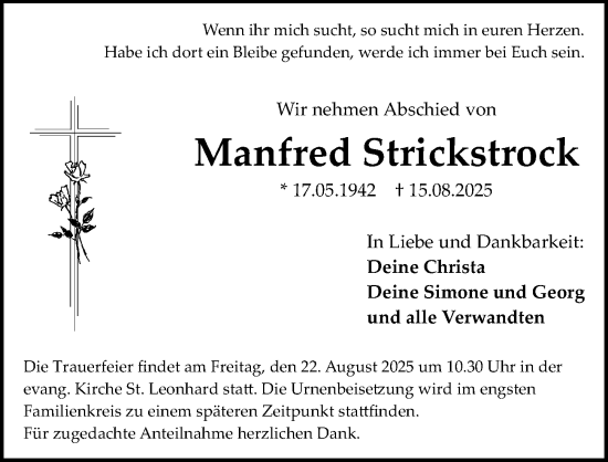 Traueranzeige von Manfred Strickstrock von Gesamtausgabe Nürnberger Nachrichten/ Nürnberger Ztg.