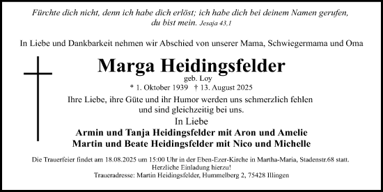 Traueranzeige von Marga Heidingsfelder von Gesamtausgabe Nürnberger Nachrichten/ Nürnberger Ztg.