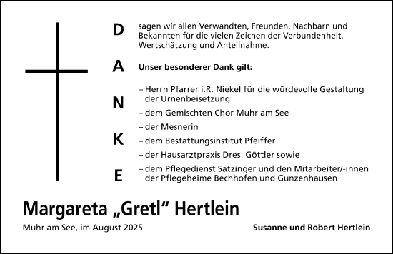 Traueranzeige von Margareta Hertlein von Altmühl-Bote Lokal