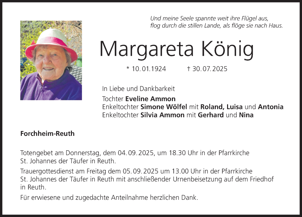  Traueranzeige für Margareta König vom 30.08.2025 aus Nordbayerische Nachrichten Forchheim Lokal