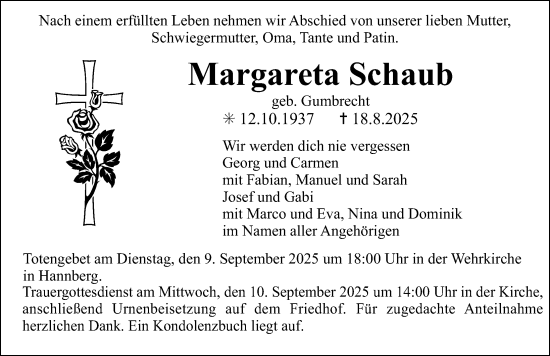 Traueranzeige von Margareta Schaub von Erlanger Nachrichten Lokal