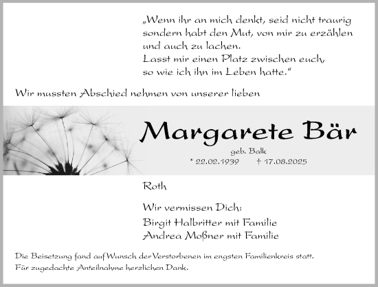 Traueranzeige von Margarete Bär von Roth-Hilpoltsteiner Volkszeitung Lokal