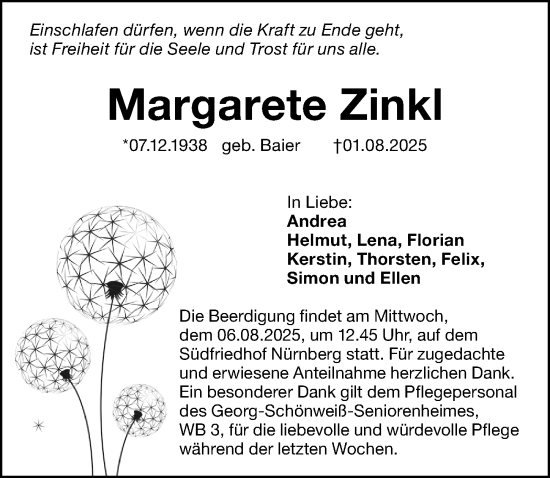 Traueranzeige von Margarete Zinkl von Gesamtausgabe Nürnberger Nachrichten/ Nürnberger Ztg.