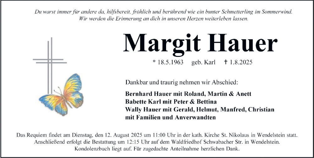  Traueranzeige für Margit Hauer vom 09.08.2025 aus Gesamtausgabe Nürnberger Nachrichten/ Nürnberger Ztg.