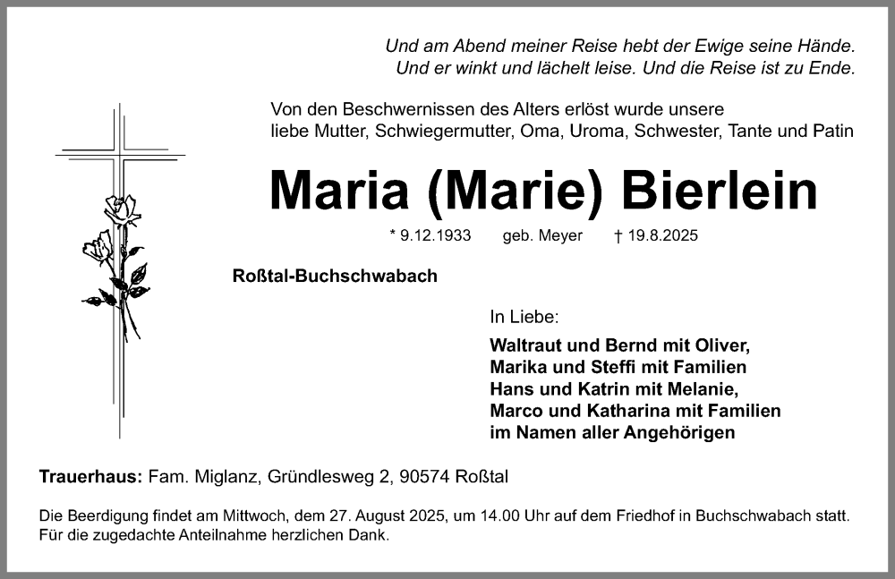  Traueranzeige für Maria Bierlein vom 23.08.2025 aus Fürther Nachrichten Lokal