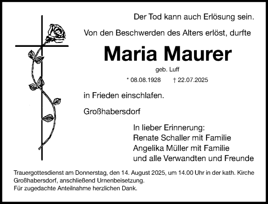 Traueranzeige von Maria Maurer von Fürther Nachrichten Lokal