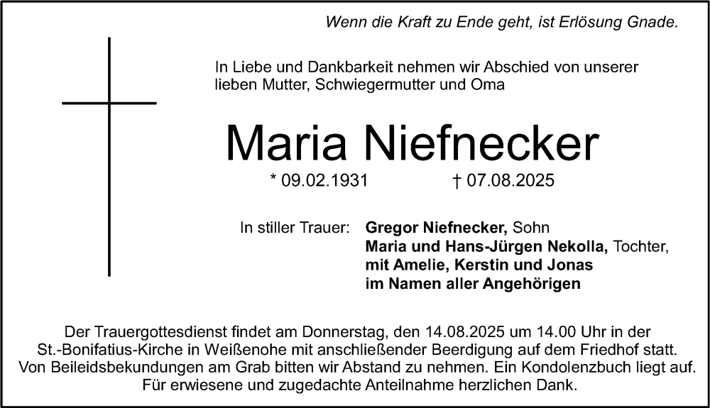  Traueranzeige für Maria Niefnecker vom 12.08.2025 aus Nordbayerische Nachrichten Forchheim Lokal