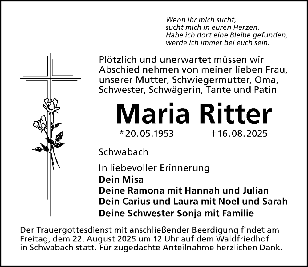  Traueranzeige für Maria Ritter vom 20.08.2025 aus Schwabacher Tagblatt Lokal