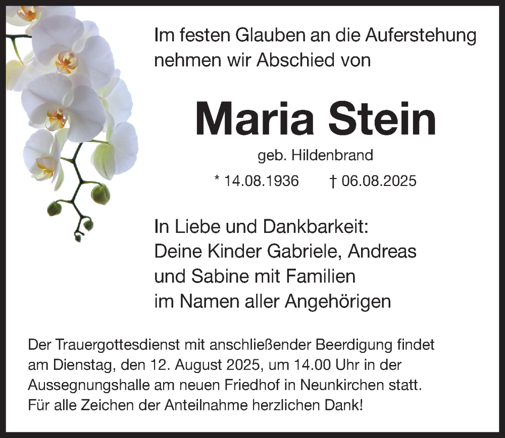  Traueranzeige für Maria Stein vom 09.08.2025 aus Erlanger Nachrichten Lokal
