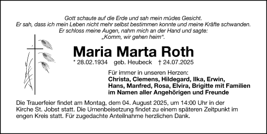 Traueranzeige von Maria Marta Roth von Gesamtausgabe Nürnberger Nachrichten/ Nürnberger Ztg.