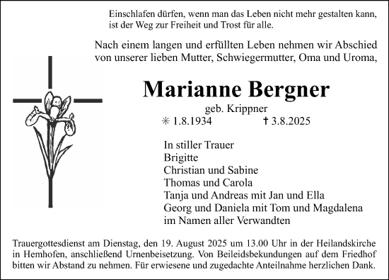 Traueranzeige von Marianne Bergner von Erlanger Nachrichten Lokal