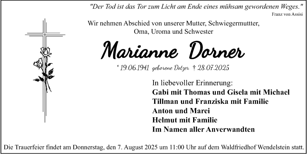  Traueranzeige für Marianne Dorner vom 02.08.2025 aus Schwabacher Tagblatt Lokal