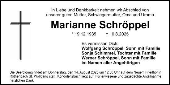 Traueranzeige von Marianne Schröppel von Schwabacher Tagblatt Lokal