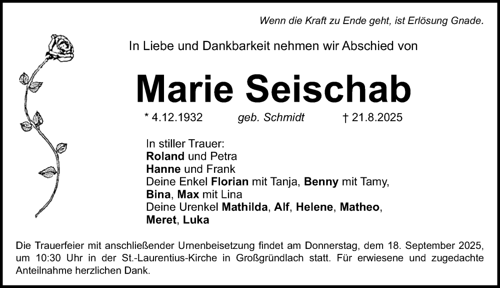  Traueranzeige für Marie Seischab vom 30.08.2025 aus Gesamtausgabe Nürnberger Nachrichten/ Nürnberger Ztg.