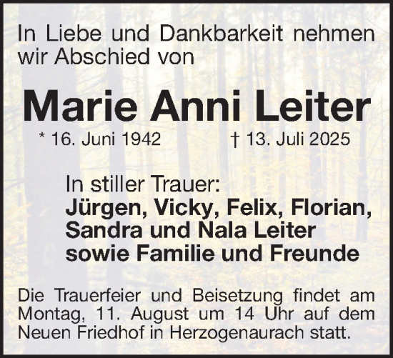 Traueranzeige von Marie Anni Leiter von Erlanger Nachrichten Lokal