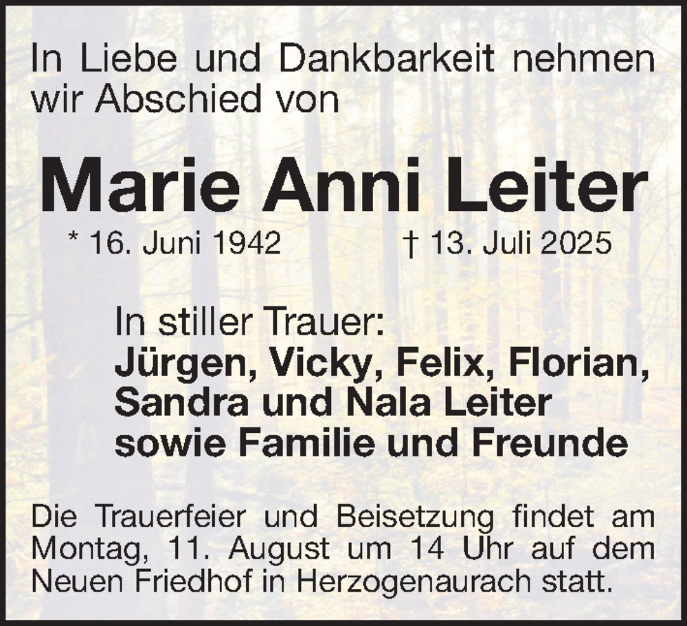  Traueranzeige für Marie Anni Leiter vom 02.08.2025 aus Erlanger Nachrichten Lokal