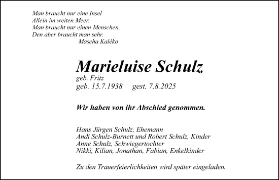 Traueranzeige von Marieluise Schulz von Gesamtausgabe Nürnberger Nachrichten/ Nürnberger Ztg.