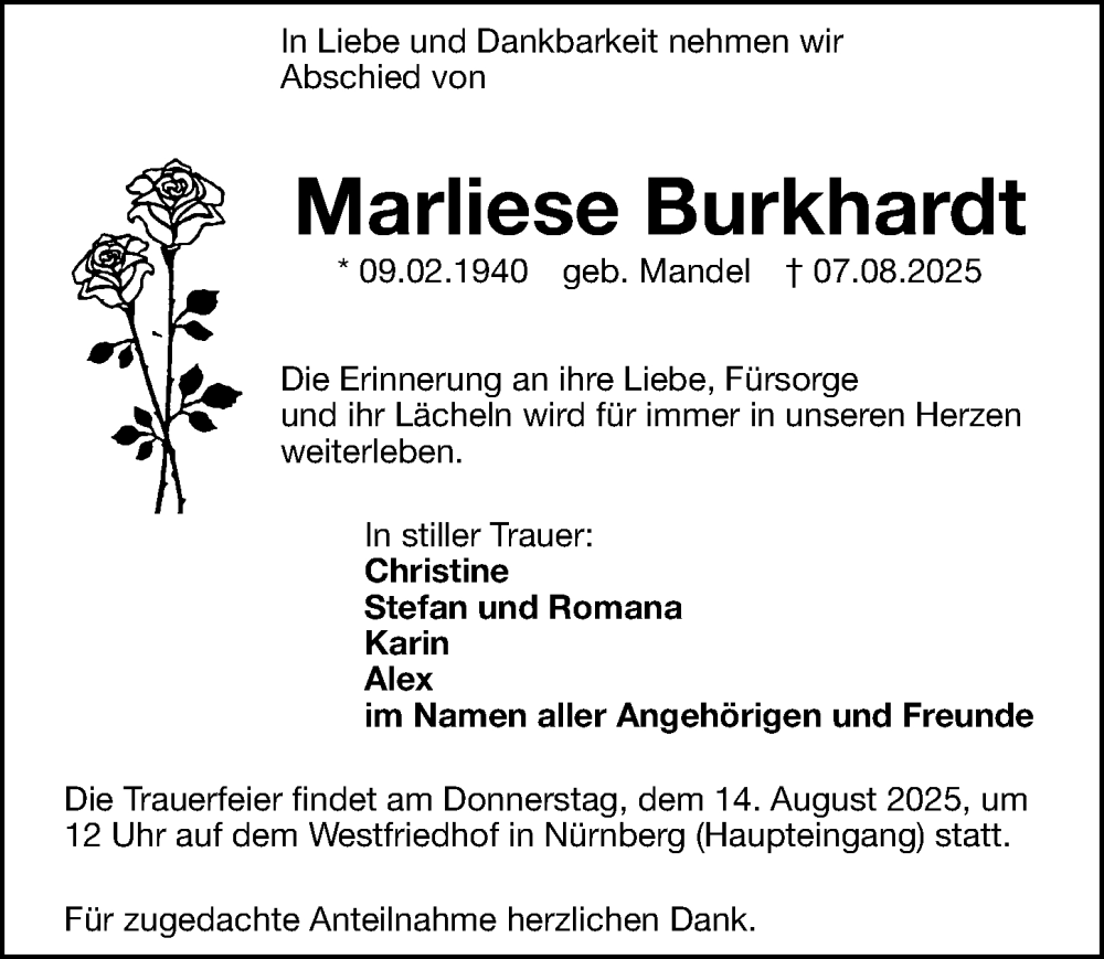  Traueranzeige für Marliese Burkhardt vom 12.08.2025 aus Gesamtausgabe Nürnberger Nachrichten/ Nürnberger Ztg.